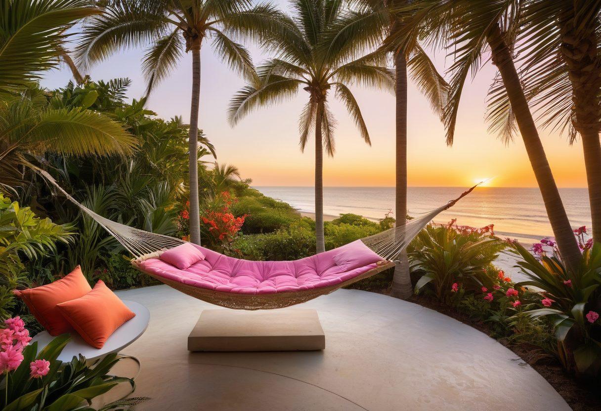 A serene landscape showcasing a luxurious guest suite overlooking a tranquil beach at sunset. Include an inviting hammock, lush tropical plants, and soft glowing lights to evoke a sense of relaxation. Capture the essence of getaway comfort with cozy furnishings on a spacious terrace. An inviting pathway leads to the ocean, symbolizing the perfect escape. vibrant colors. super-realistic. idyllic setting.