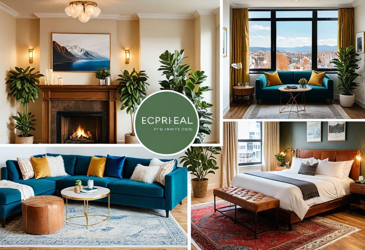 A vibrant collage showcasing a spectrum of accommodations: a cozy budget-friendly apartment with warm lighting and charming decor, transitioning into a luxurious holiday suite with elegant furnishings and breathtaking views. Include elements like a welcoming reception area, lush greenery, and travel essentials to enhance wanderlust. super-realistic. vibrant colors. inviting atmosphere.